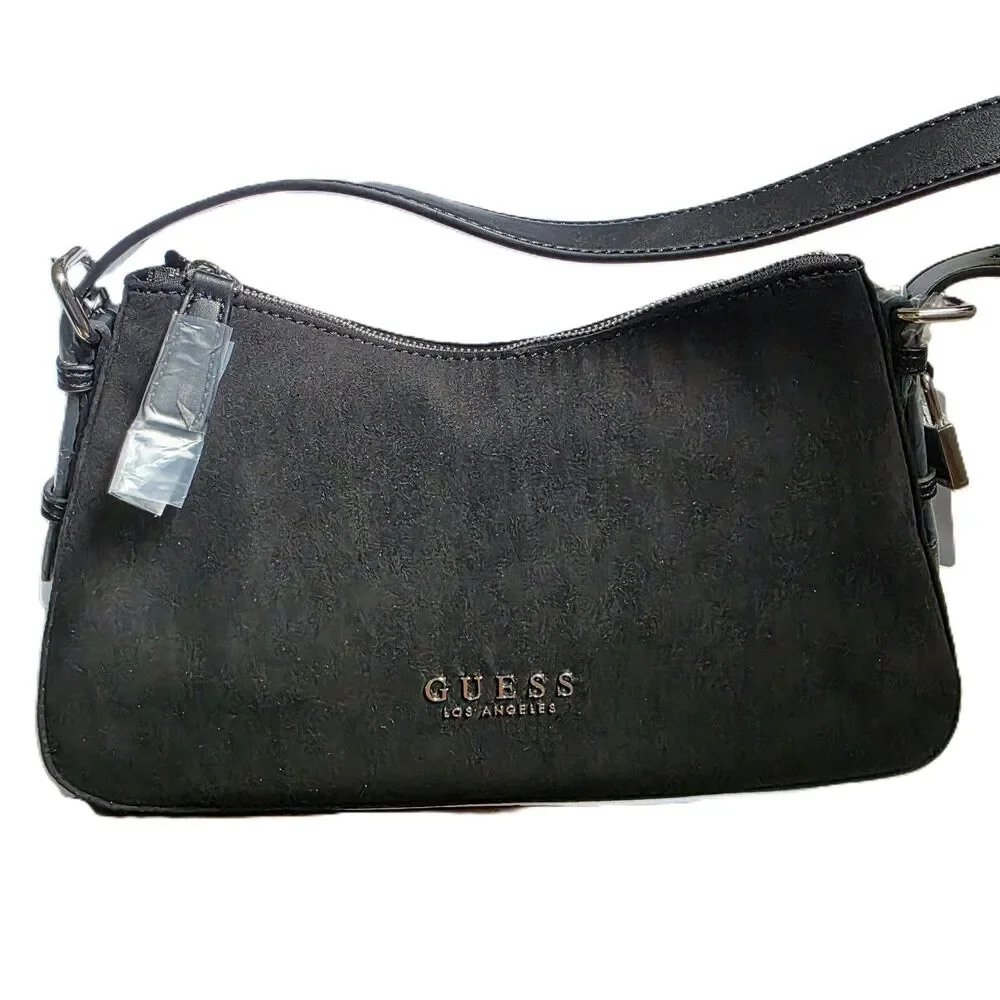 NWT GUESS Black Alisha suede Shoulder Handbag Minimalist Y2K - Picture 2 of 8